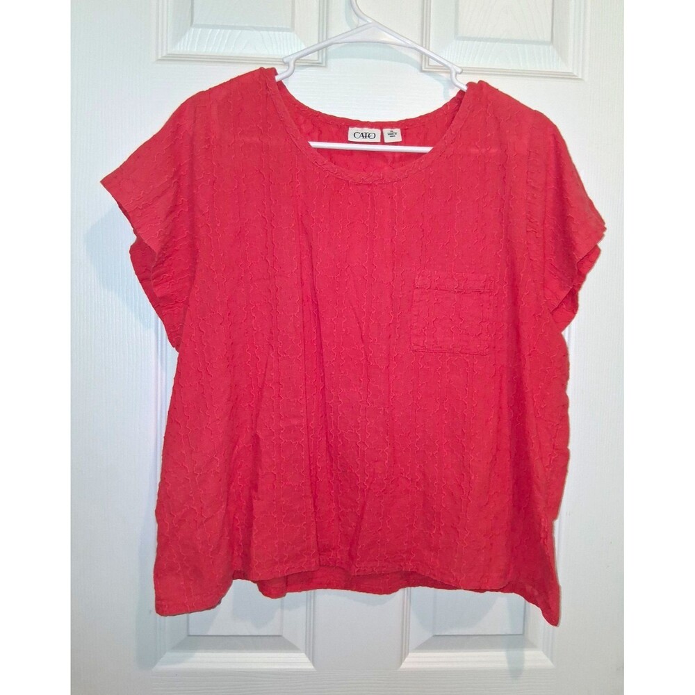 Cato Women's Red Solid Pullover Top XL Round Neck Short Sleeve Pocket
